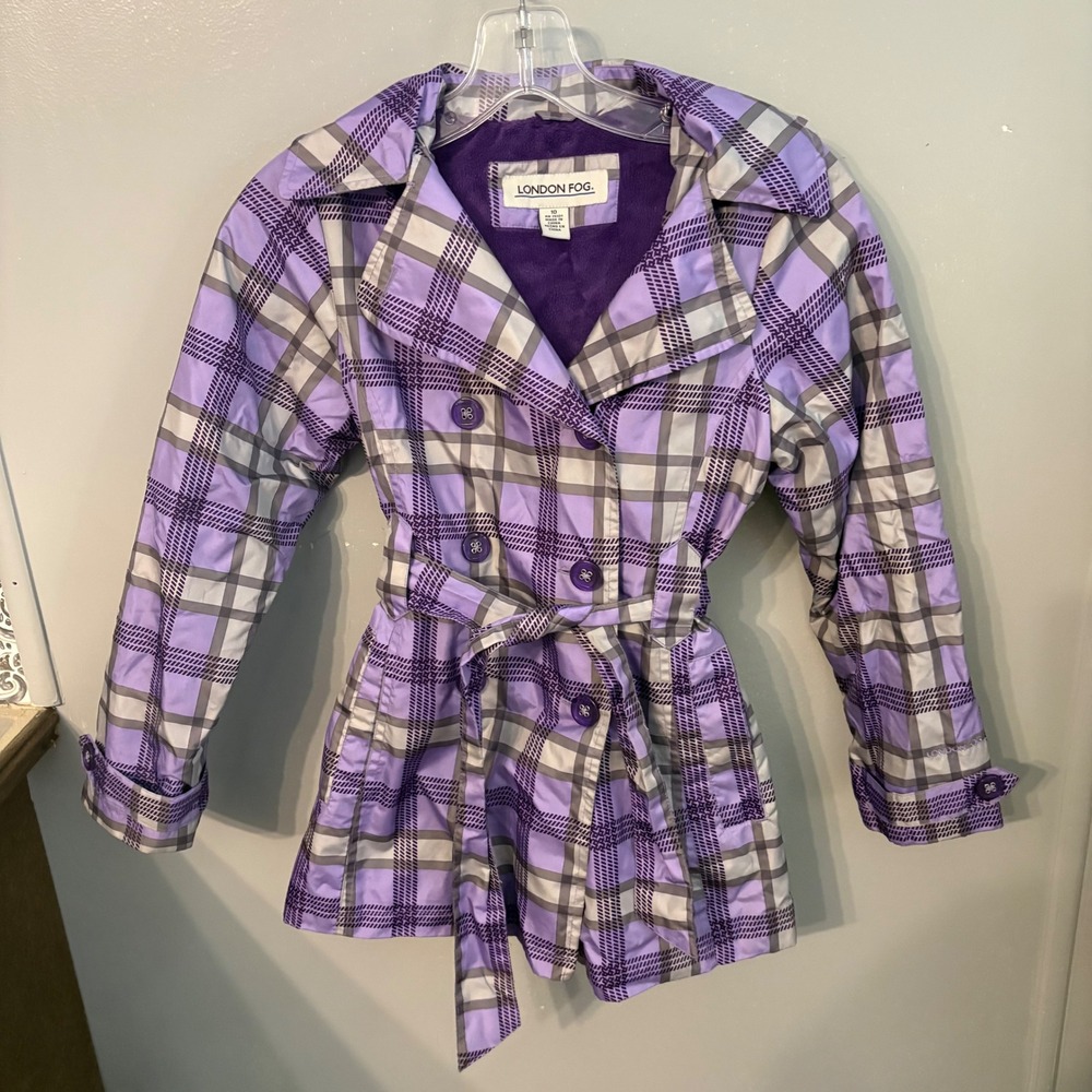 London Fog Kids Purple Grey Plaid Trench Coat Jacket Hooded Belted (Girls 10)